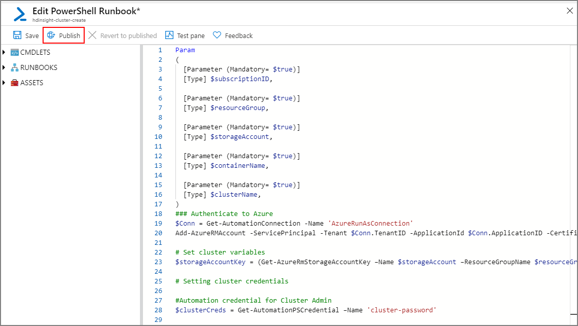 Screenshot that shows publishing a runbook.