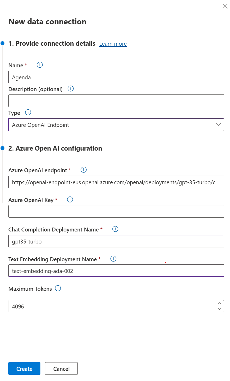 Screenshot of a new Azure OpenAI Data Connection