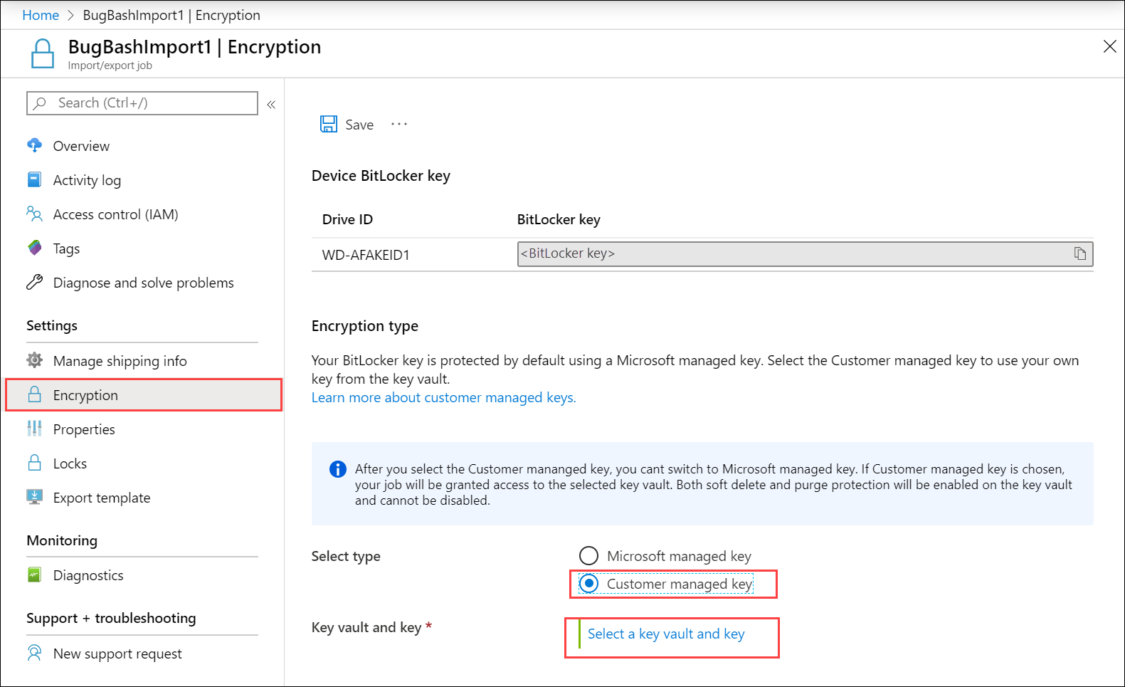 Screenshot of Encryption blade for Azure Import/Export job. "Customer managed key" is selected. Link to "Select a key and key vault" is highlighted.