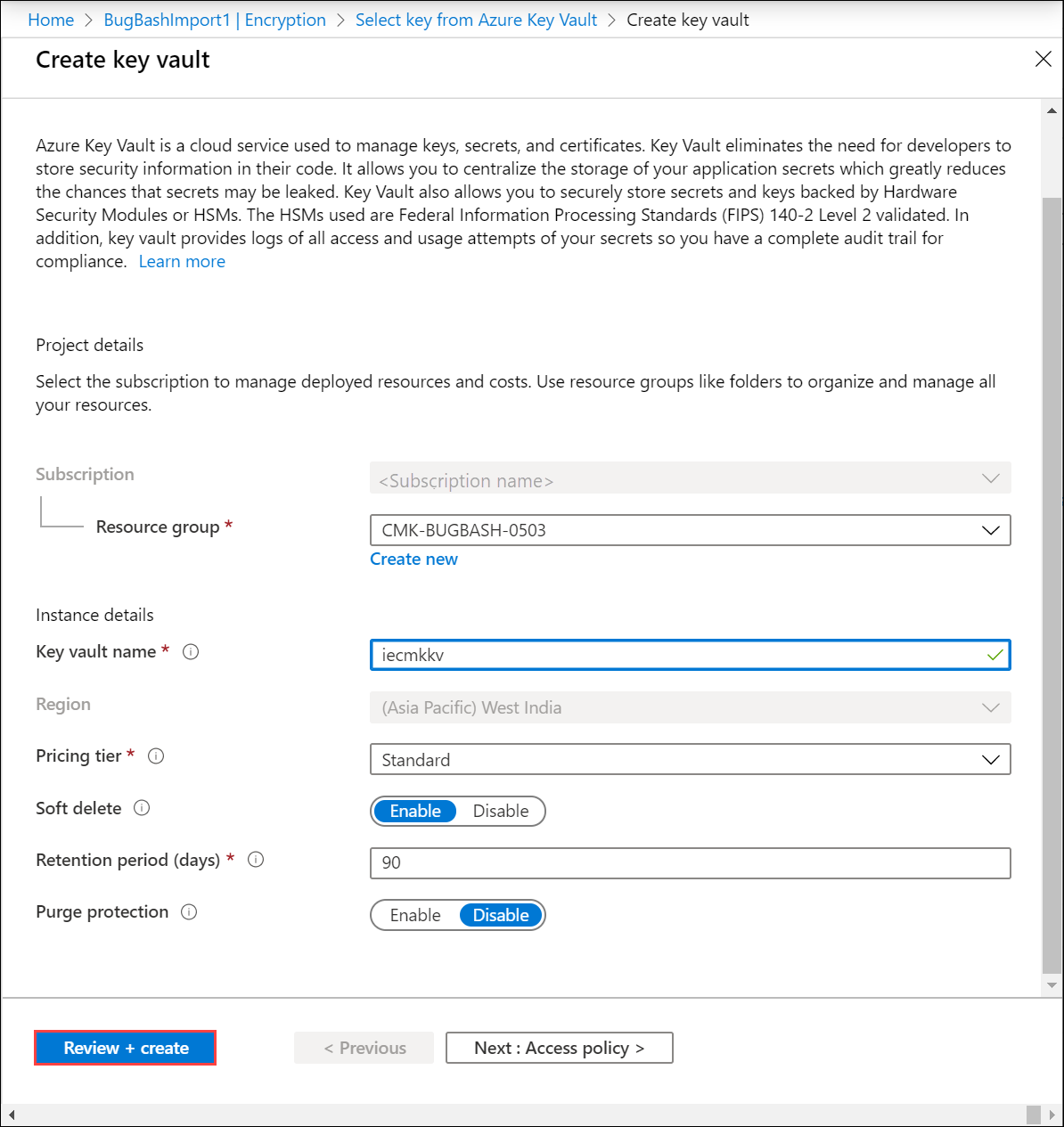 Screenshot of "Create key vault" screen for Azure Key Vault with sample settings. The Review Plus Create button is highlighted.