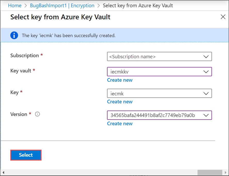 Screenshot of the "Select key from Azure Key Vault" screen with sample settings. The Select button is highlighted.