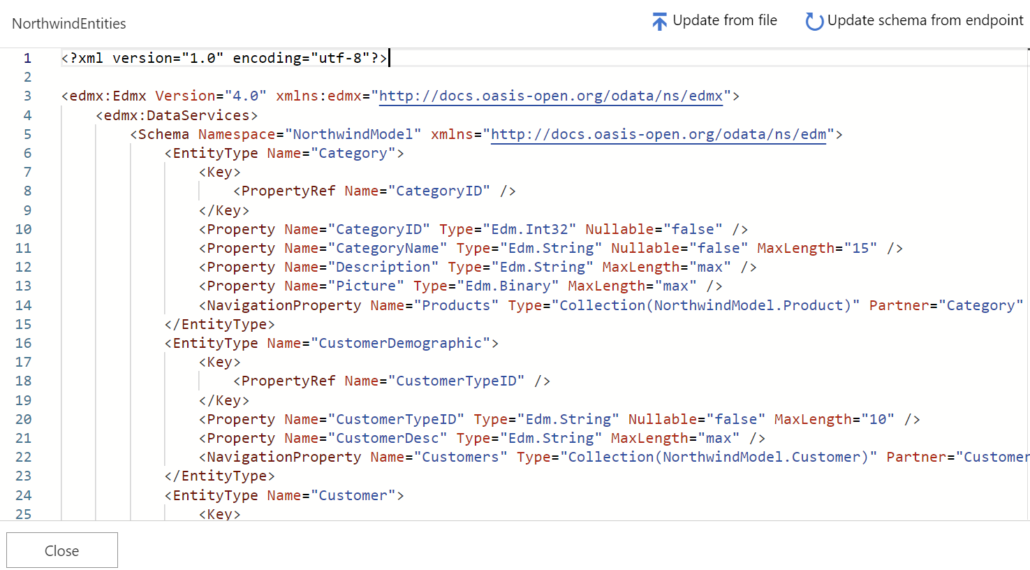 Screenshot of schema editor for OData API in the portal.
