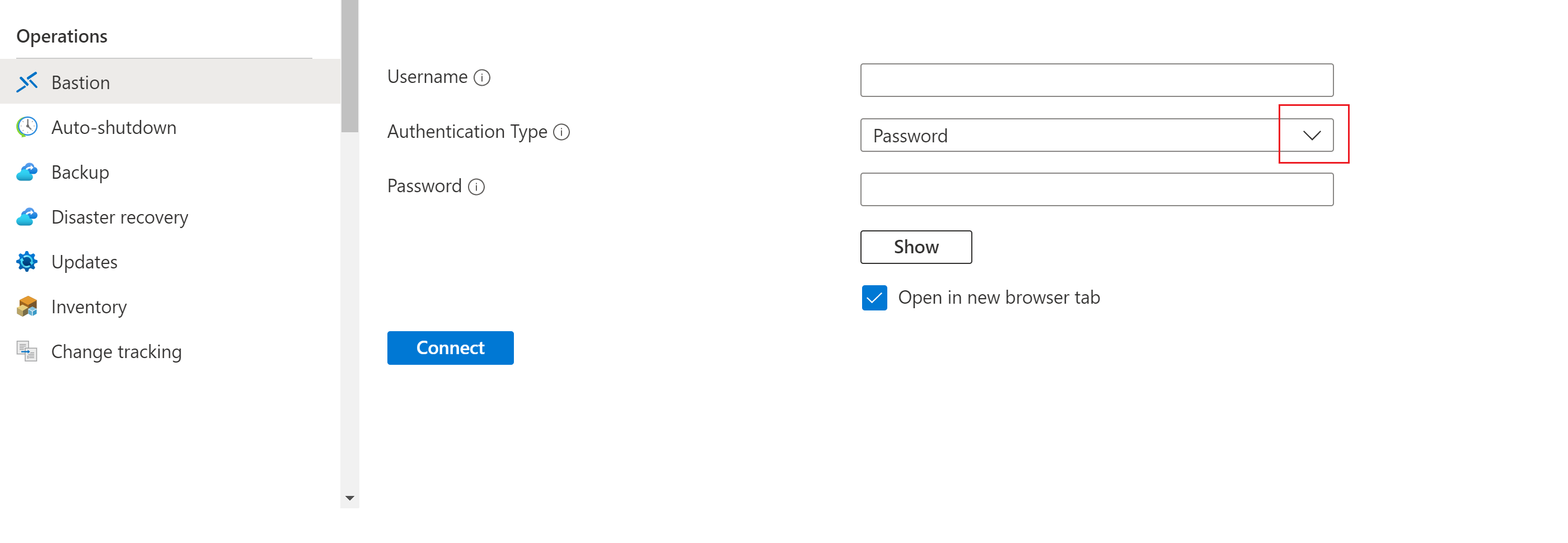 Screenshot showing authentication type dropdown.
