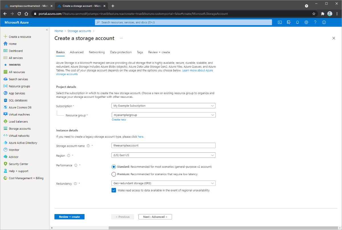 Screenshot showing how to create a storage account in the Azure portal.