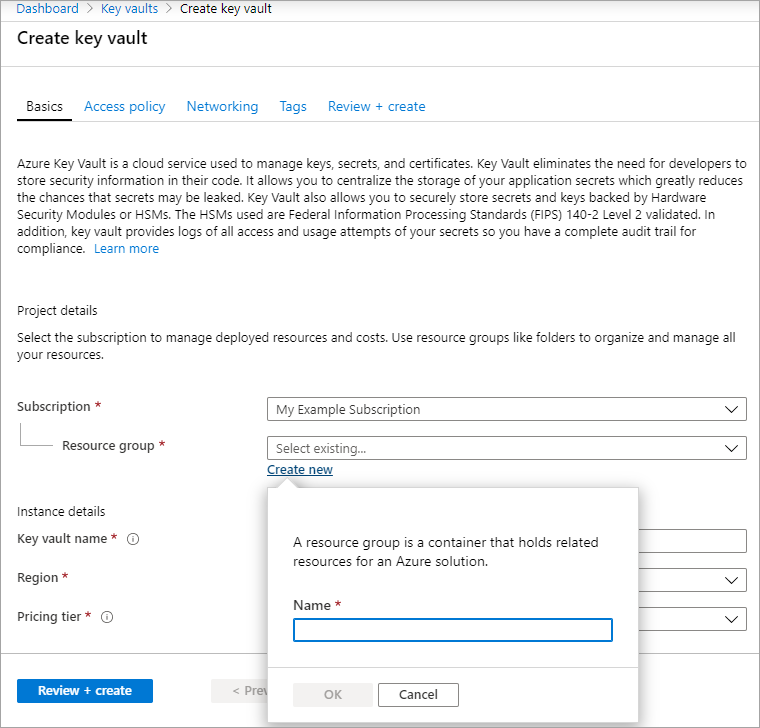 Screenshot of the Azure Key Vault creation experience, showing the particular values you create.