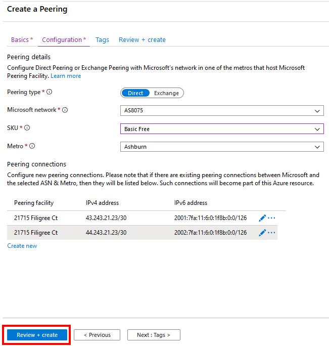 Peering connections list