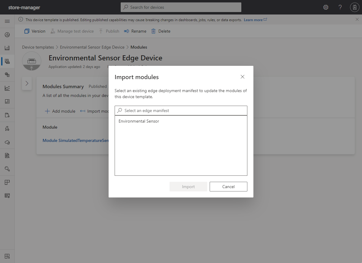 Screenshot the shows importing module definitions to a device template.