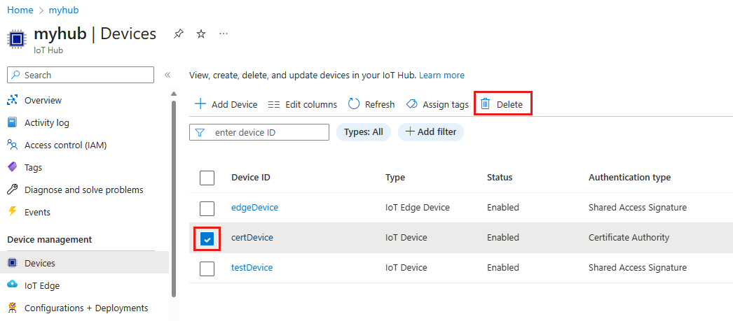 Screenshot that shows deleting a device.