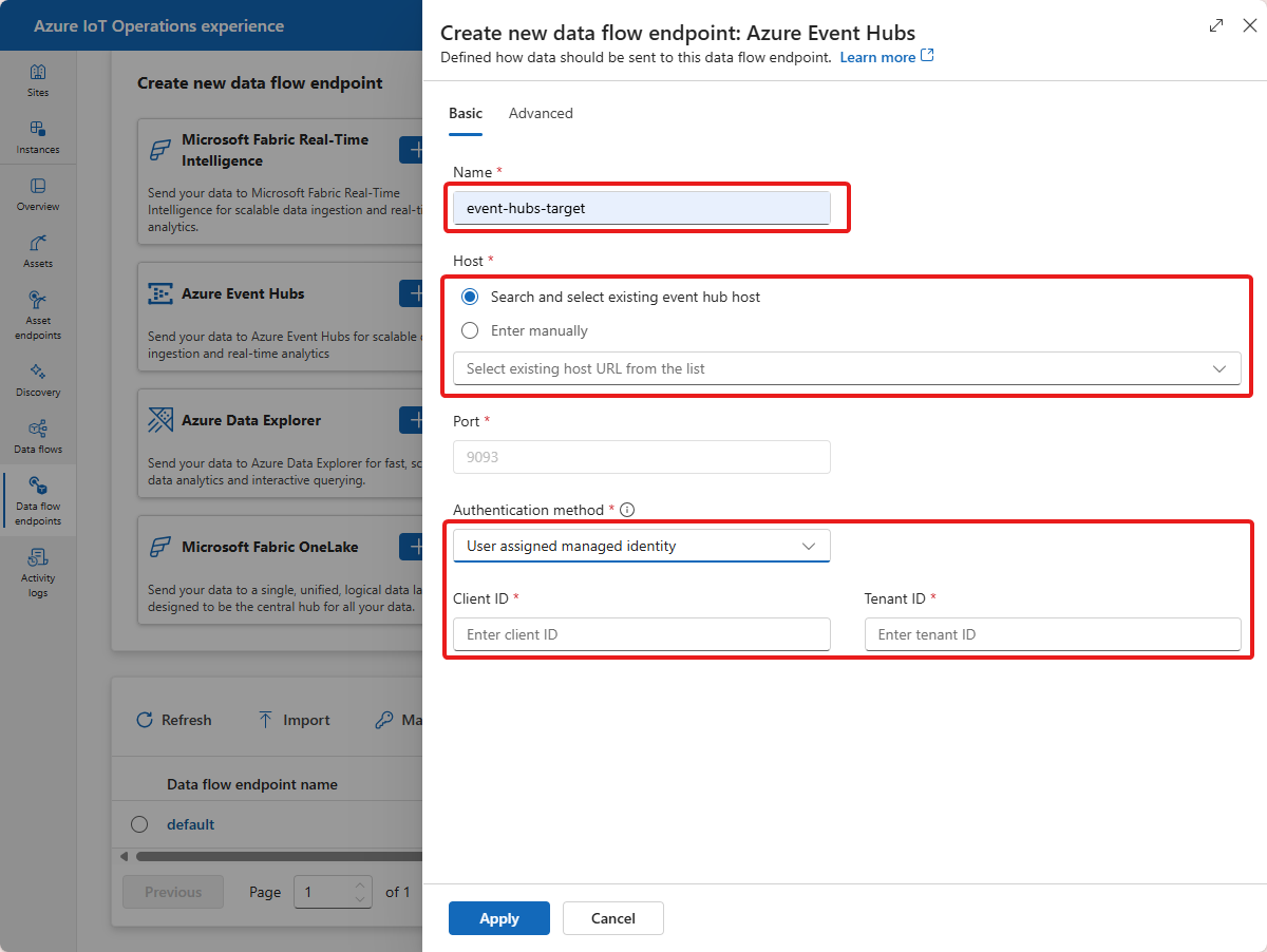 Screenshot of the Create new data flow endpoint: Azure Event Hubs page.