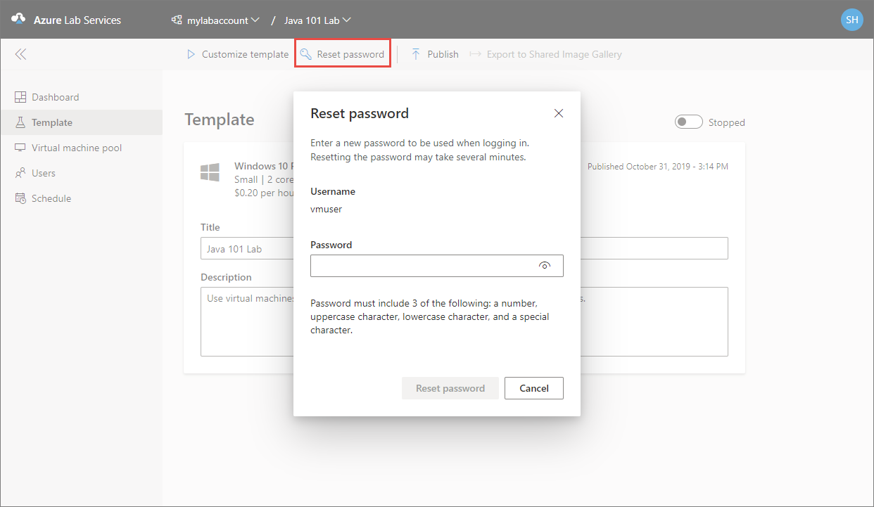 Set password dialog box