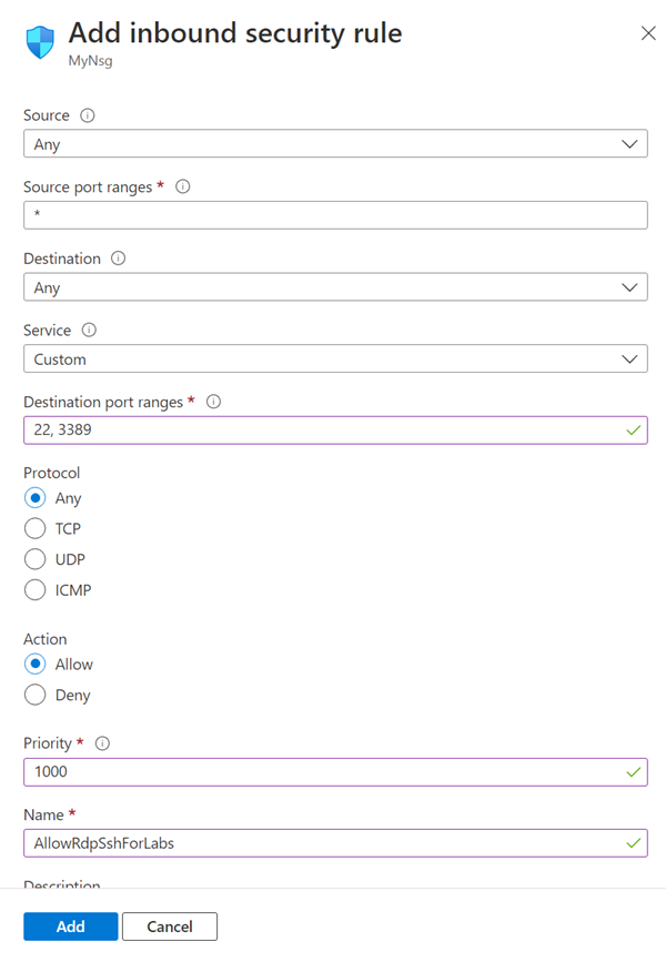 Screenshot of Add inbound rule window for Network security group.