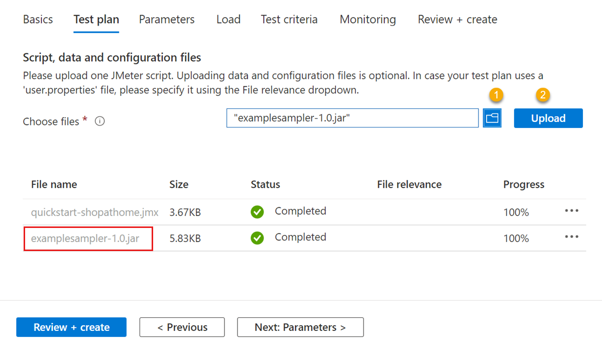 Screenshot that shows the steps to upload a J A R file in the 'Test plan' tab on the 'Edit test' pane.