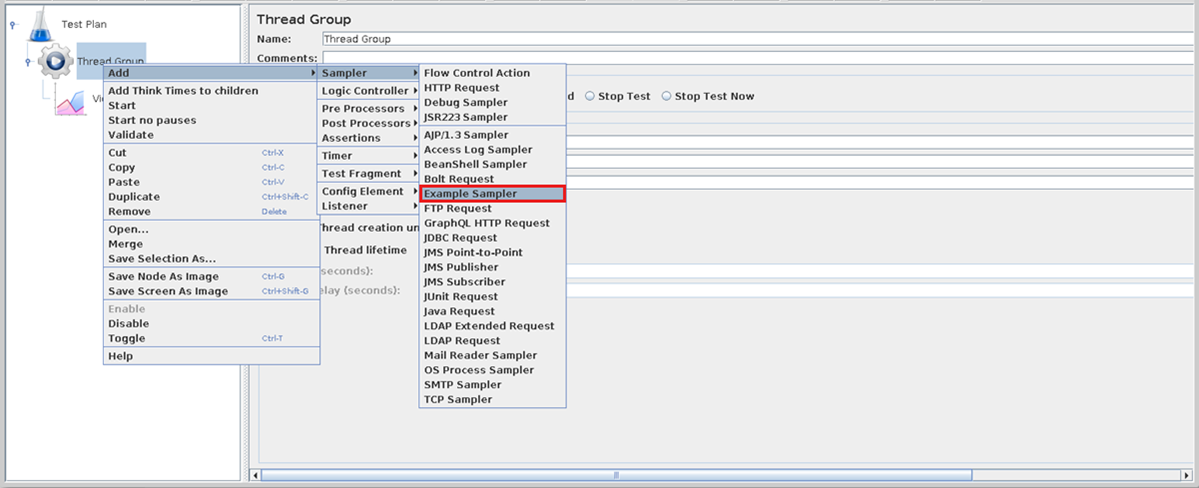 Screenshot that shows how to add a custom sampler to a test plan by using the JMeter user interface.