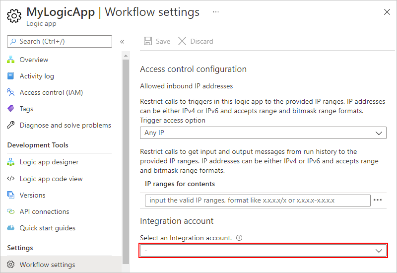 Screenshot shows Azure portal, logic app menu, and selected Workflow settings.