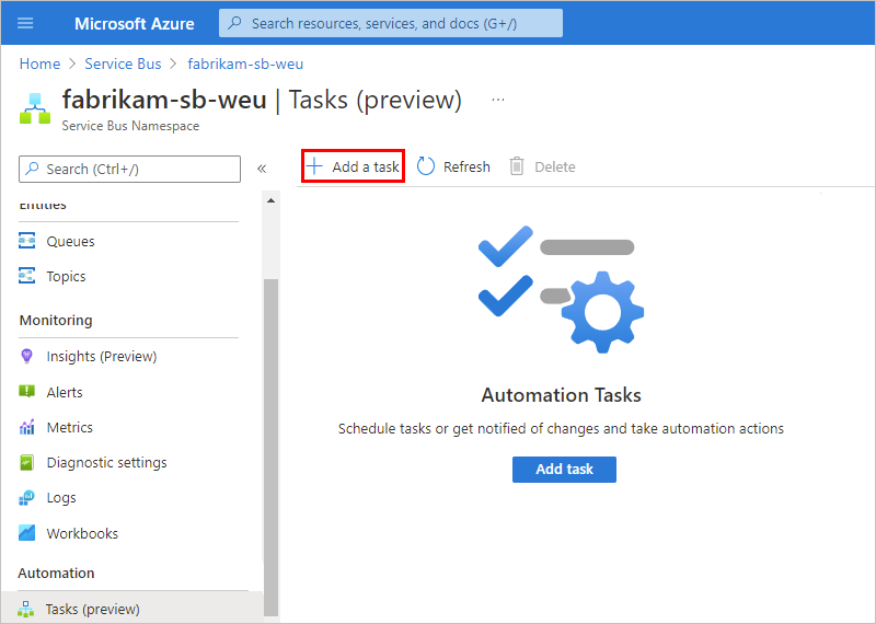 Screenshot showing the "Tasks (preview)" pane with "Add a task" selected.