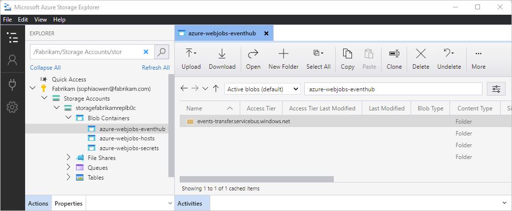 Screenshot showing the Azure Storage Explorer with the storage account and blob container open to show the selected "azure-webjobs-eventhub" folder.