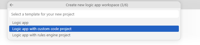 Screenshot that shows the Create new logic app workspace prompt with template list and option selected for Logic app with custom code project.