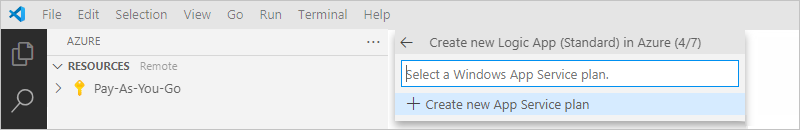 Screenshot that shows the "Azure: Logic Apps (Standard)" pane and a prompt to "Create new App Service Plan" or select an existing App Service plan.
