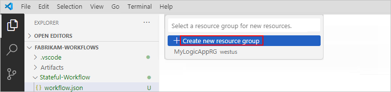 Screenshot shows Explorer pane with resource groups list and selected option to create new resource group.