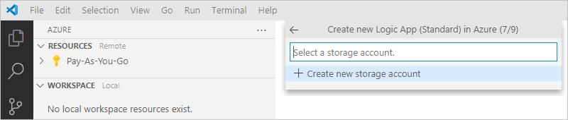 Screenshot that shows the "Azure: Logic Apps (Standard)" pane and a prompt to create or select a storage account.