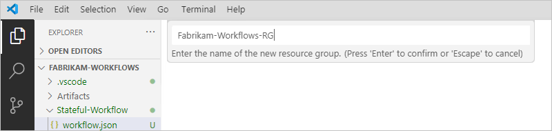 Screenshot shows Explorer pane and resource group name box.