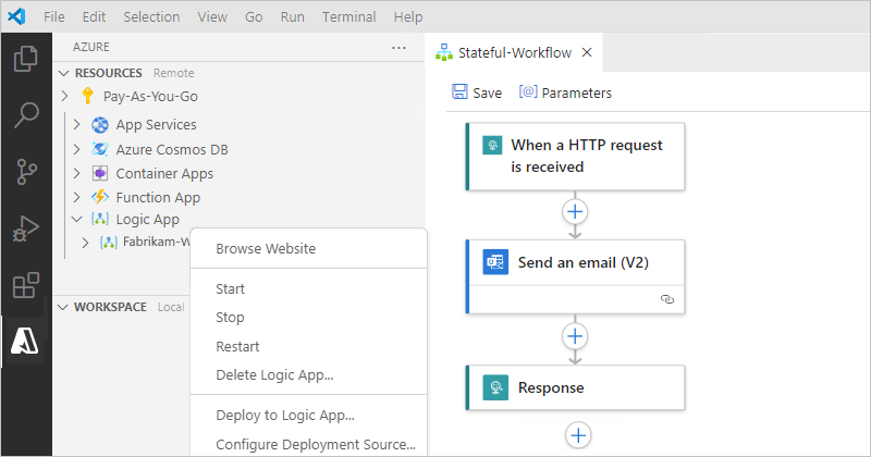 Screenshot shows Visual Studio Code with Resources section and deployed logic app resource.