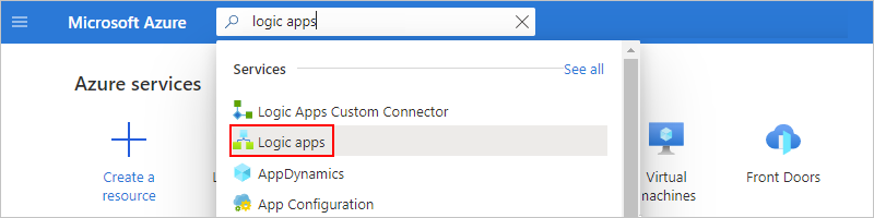 Screenshot shows Azure portal search box with logic apps as search text.