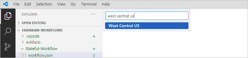 Screenshot that shows Explorer pane with locations list and "West Central US" selected.