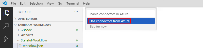 Screenshot shows Explorer pane, open list named Enable connectors in Azure, and selected option to Use connectors from Azure.