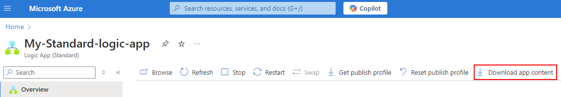 Screenshot shows Azure portal, Standard logic app, Overview page toolbar, and selected option for Download app content.