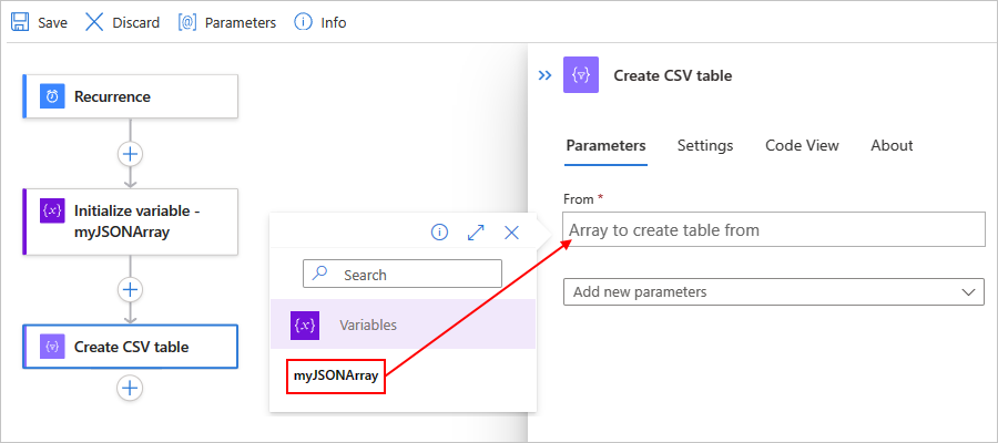 Screenshot showing the designer for a Standard workflow, the "Create CSV table" action, and the selected input to use.