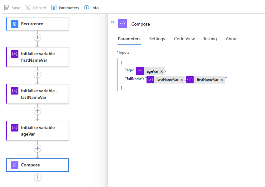 Screenshot showing the designer for a Standard workflow and the finished example for the "Compose" action.