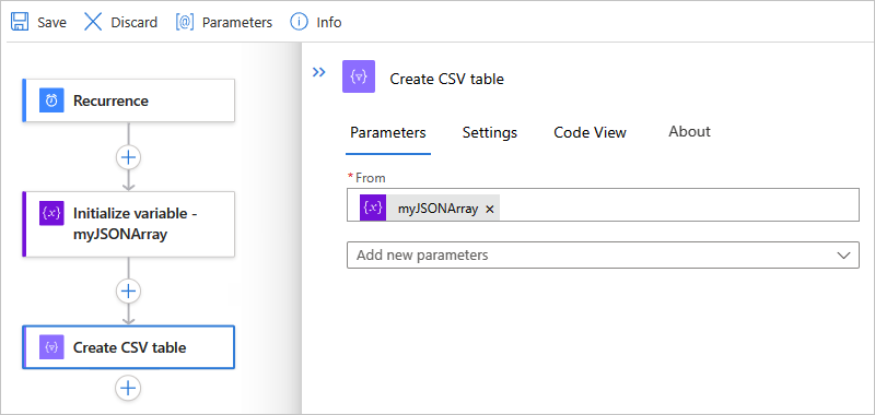 Screenshot showing the designer for a Standard workflow and the finished example for the "Create CSV table" action.