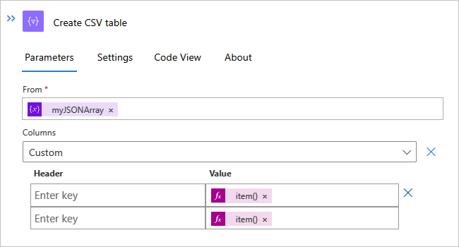 Screenshot showing the "Create CSV table" action in a Standard workflow and the "item()" function.