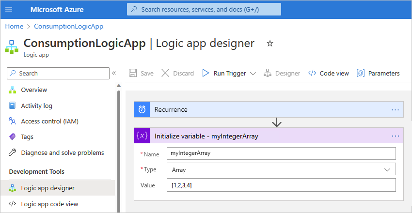 Screenshot showing the Azure portal and the designer with a sample Consumption workflow for the "Select" action.