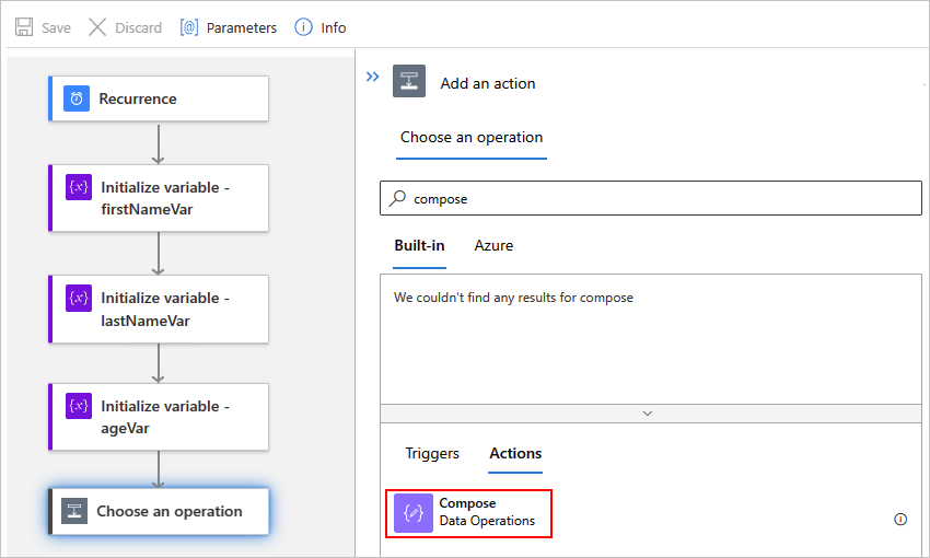 Screenshot showing the designer for a Standard workflow, the "Choose an operation" search box with "compose" entered, and the "Compose" action selected.