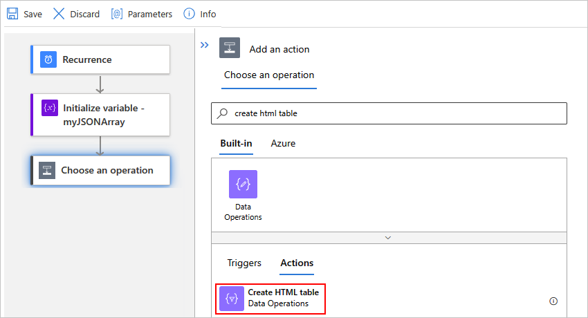 Screenshot showing the designer for a Standard workflow, the "Choose an operation" search box with "create csv table" entered, and the "Create HTML table" action selected.