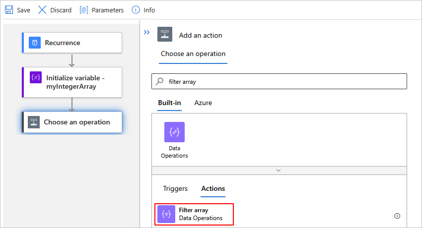 Screenshot showing the designer for a Standard workflow, the "Choose an operation" search box with "filter array" entered, and the "Filter array" action selected.