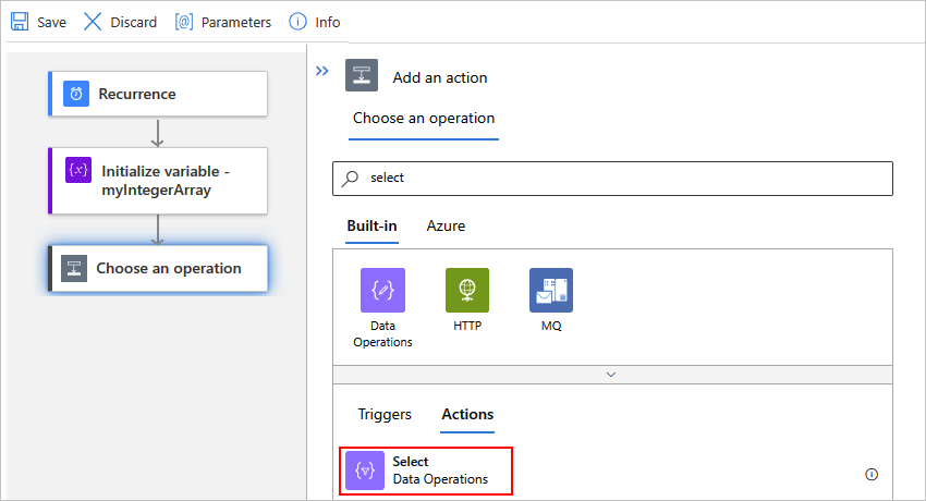 Screenshot showing the designer for a Standard workflow, the "Choose an operation" search box, and the "Select" action selected.