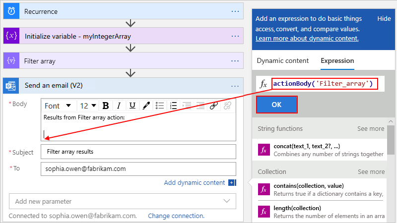Screenshot showing a Consumption workflow with the "Send an email" action and the action outputs from the "Filter array" action.