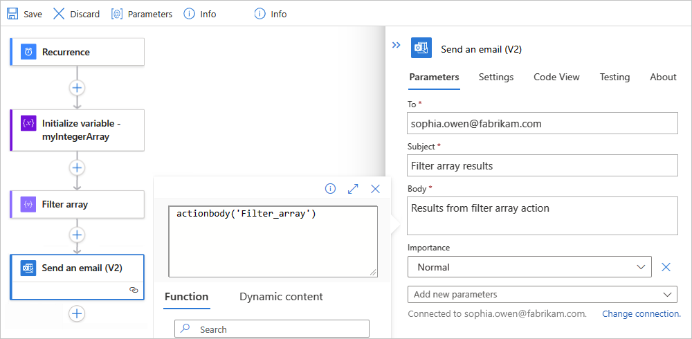 Screenshot showing a Standard workflow with the "Send an email" action and the action outputs from the "Filter array" action.