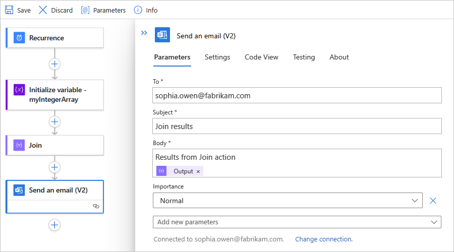 Screenshot showing a Standard workflow with the finished "Send an email" action for the "Join" action.