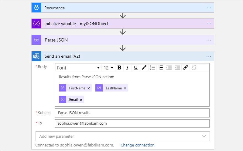 Screenshot showing a Consumption workflow with the finished "Send an email" action for the "Parse JSON" action.