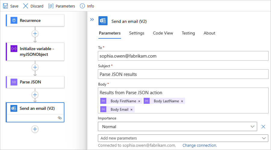 Screenshot showing a Standard workflow with the finished "Send an email" action for the "Parse JSON" action.