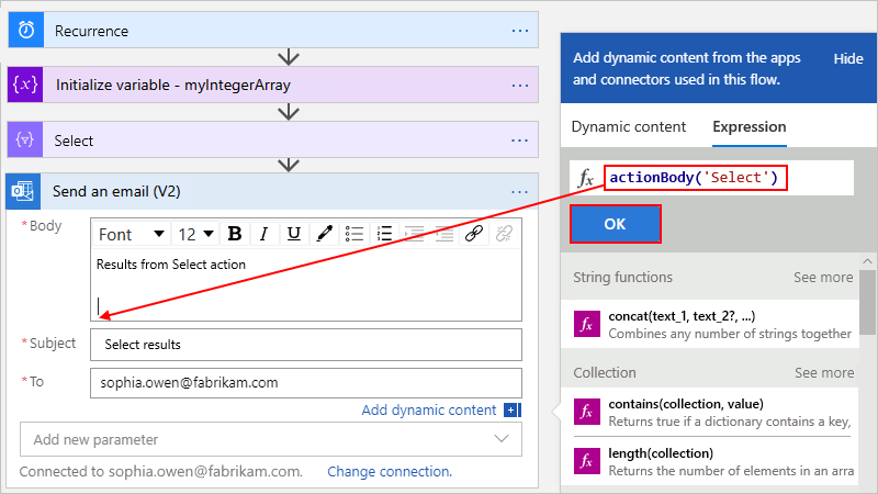 Screenshot showing a Consumption workflow with the "Send an email" action and the action outputs from the "Select" action.