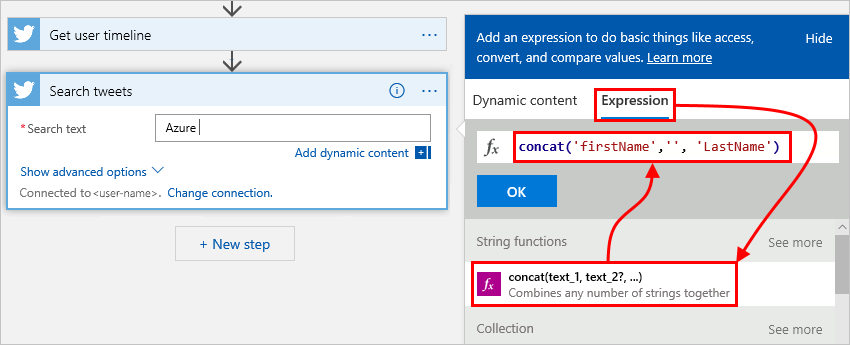 Screenshot shows workflow designer and expression editor.