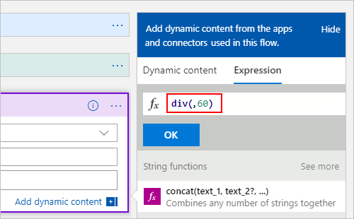 Screenshot that shows the expression editor with the "div(,60)" expression entered.