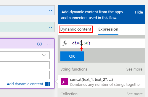 Screenshot that shows where to put the cursor in the "div(,60)" expression with "Dynamic content" selected.