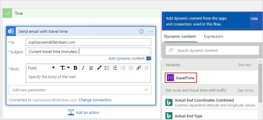 Screenshot that shows the dynamic content list with the "travelTime" variable selected.