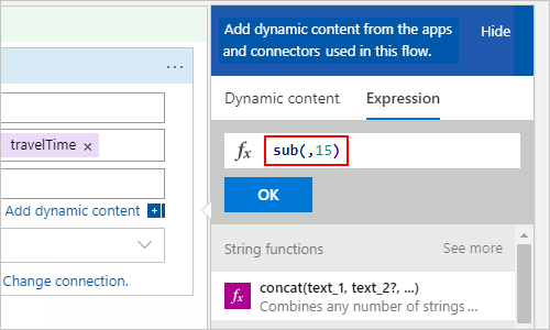 Screenshot that shows the expression editor with the "sub(,15)" expression entered.